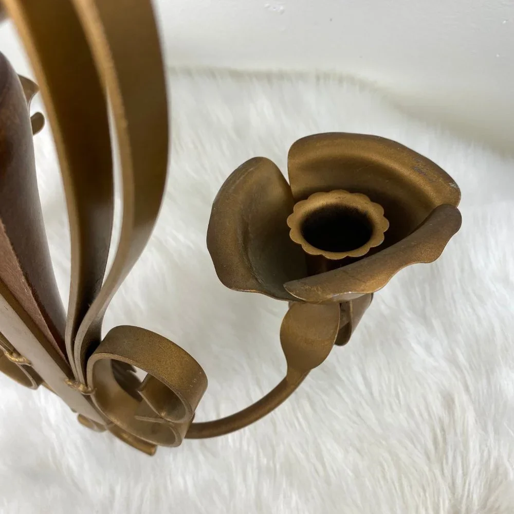 Vintage Wood & Brass Rose Candle Holder Wall Hanging 17.5